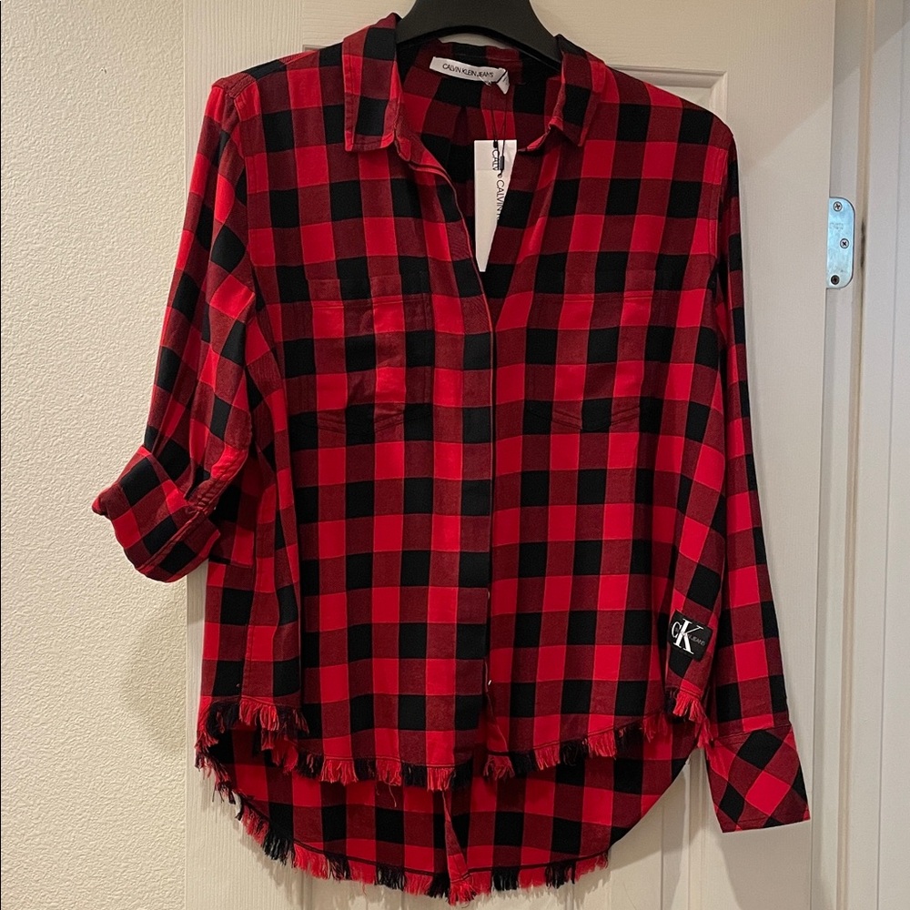 Calvin Klein Buffalo Plaid Red and Black Checkered Button Down Top Large NWT